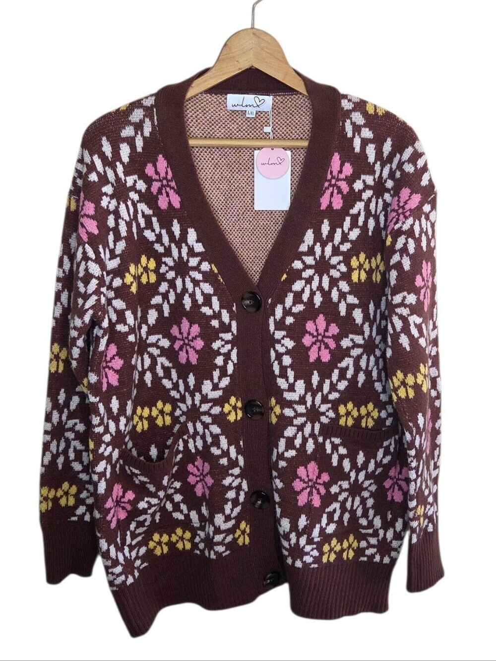 Boutique Brand WLM Brown Pink Yellow Vintage Floral V-neck Button Cardigan NEW